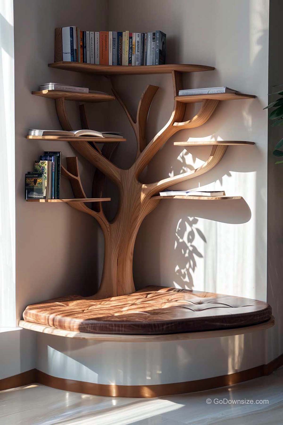 tree bookshelves with built-in seating