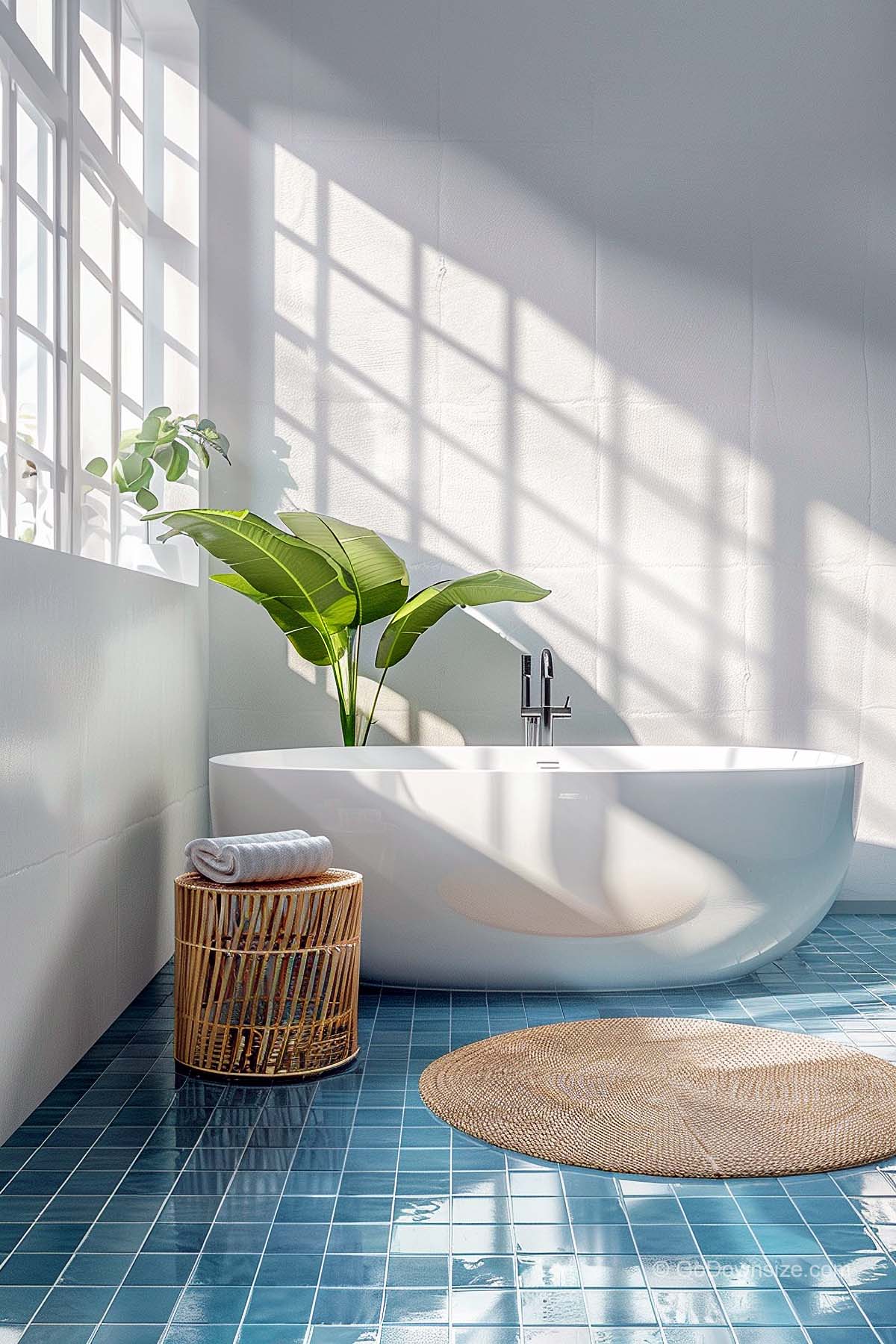 tub and table basket in blue floor
