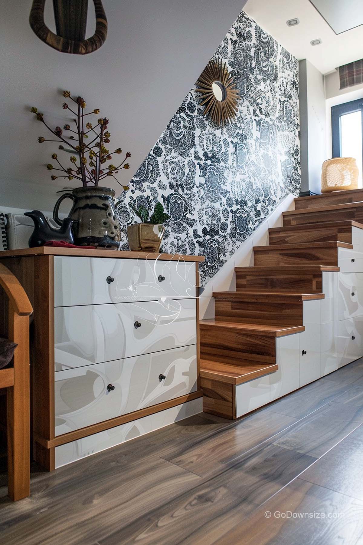 under stair with storage and gray wallpaper