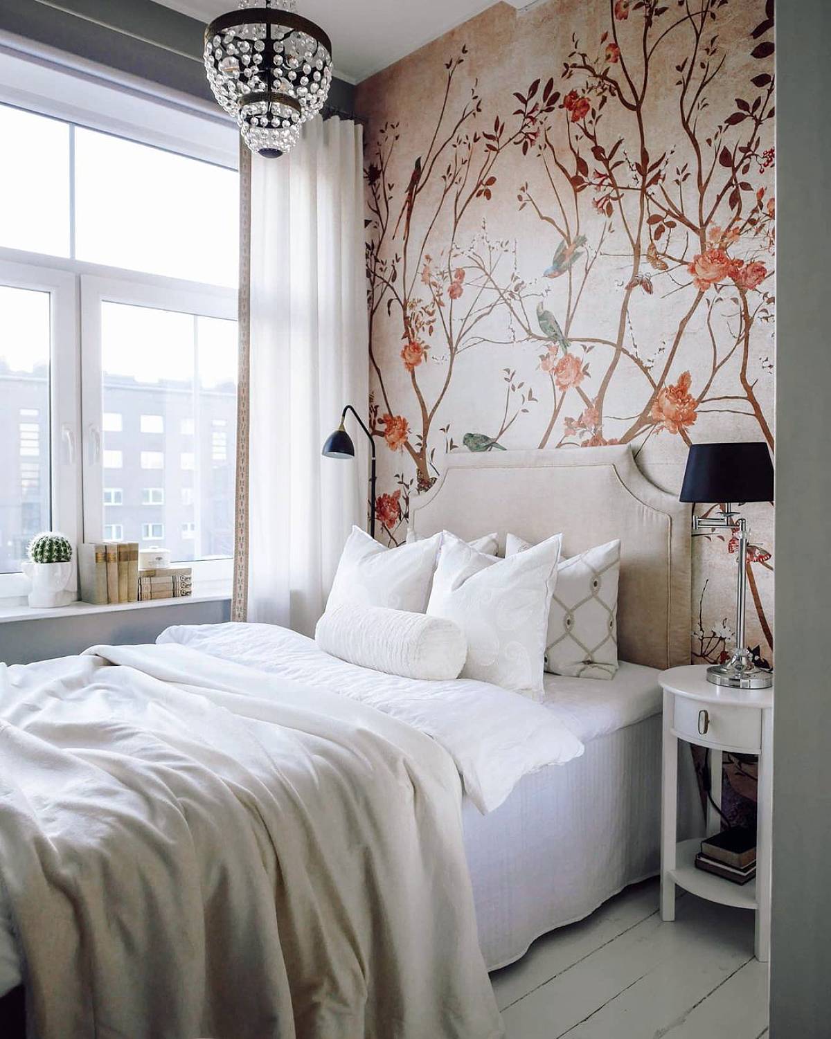 wide window bedroom with wallpaper