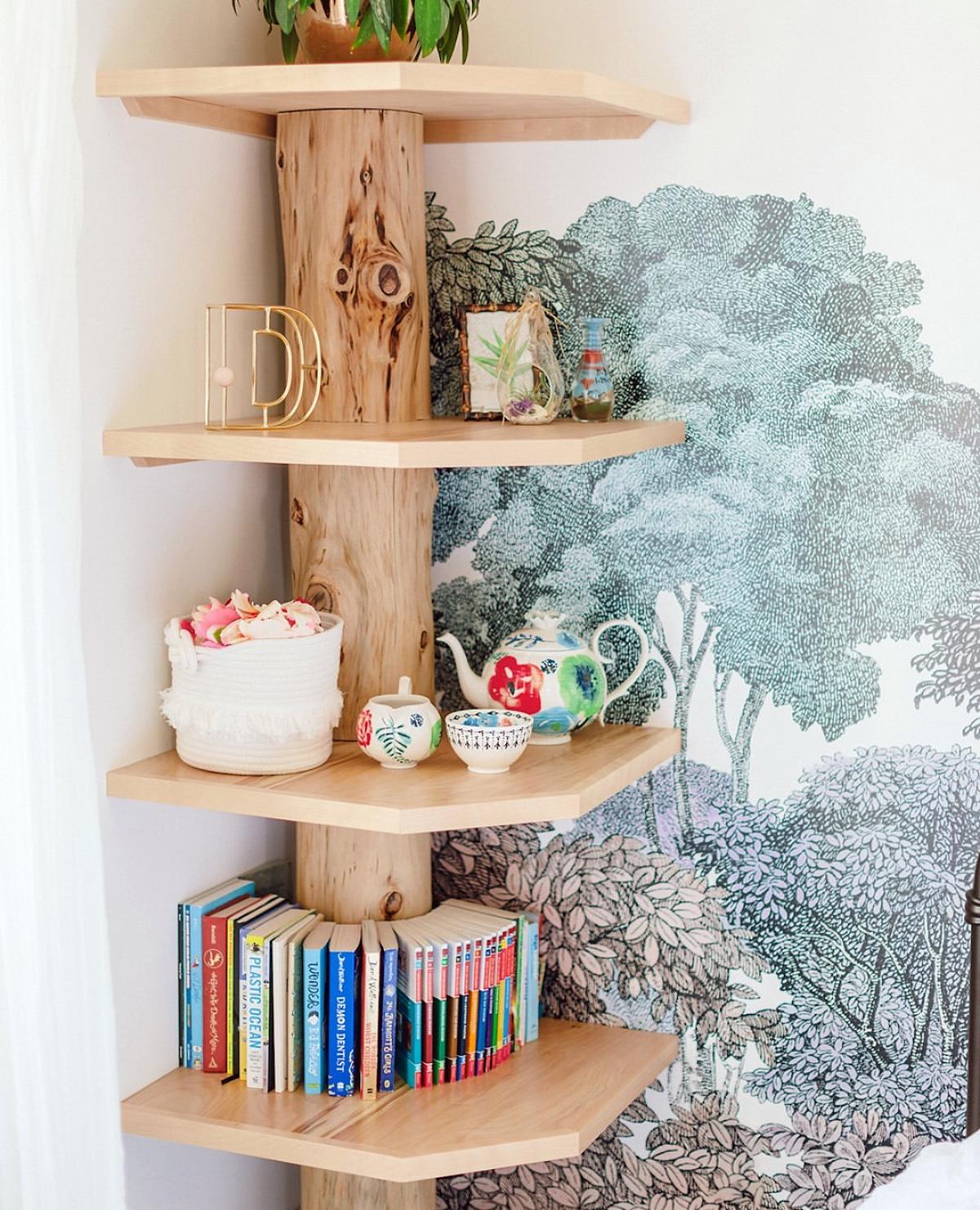 wooden bookshelves on corner