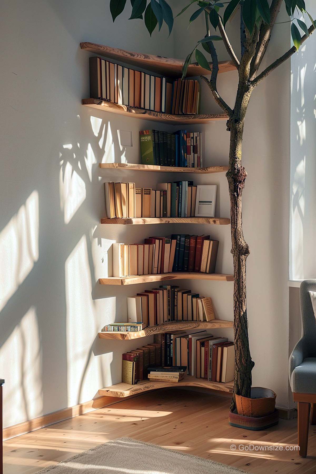 wooden bookshelves on the corner