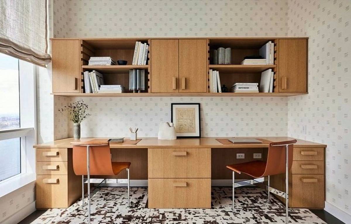 wooden desk, cabinets and shelves