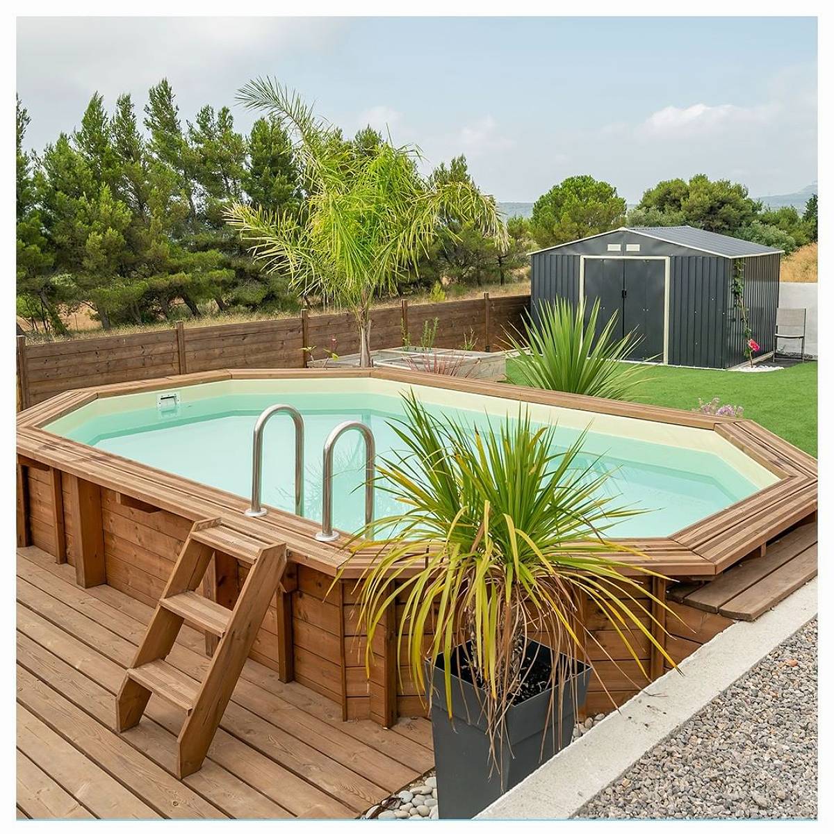 wooden outdoor pool with plants