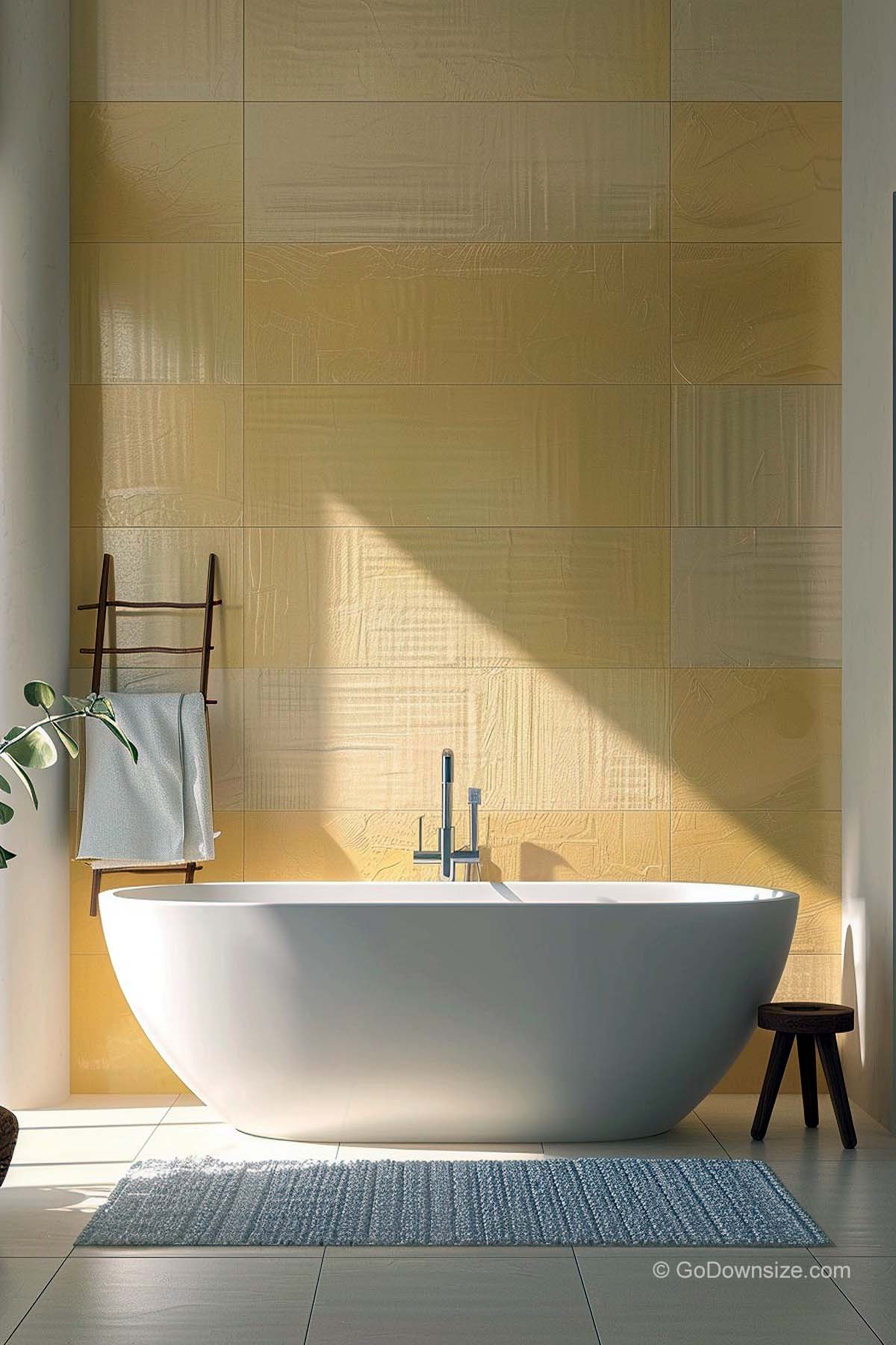 yellow bathroom wall and white floor