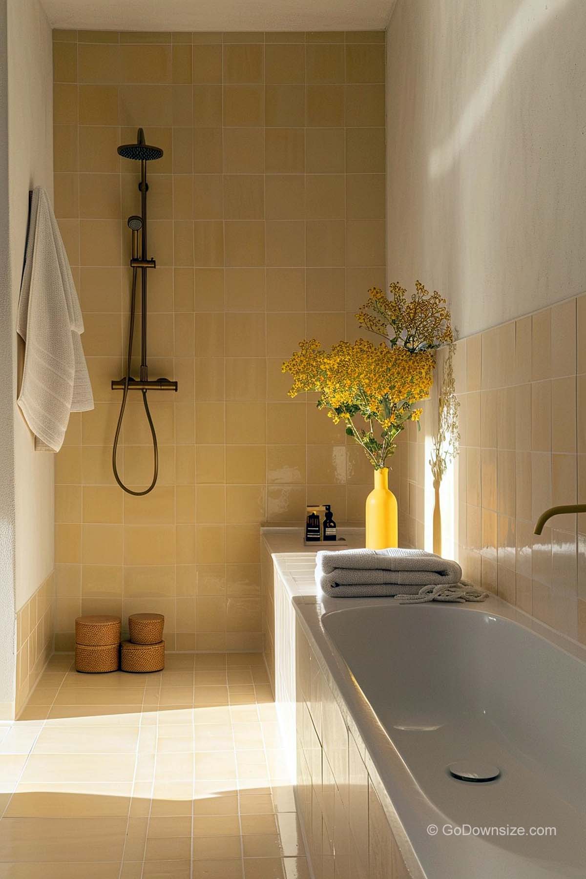 yellow floor tiles and built-in tub