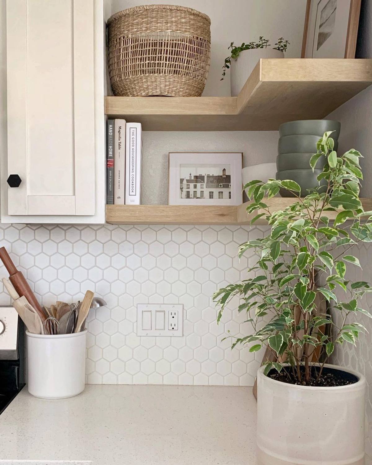 V shaped shelves on kitchen corner
