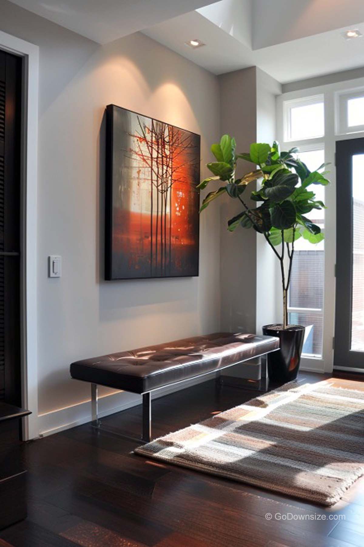 bench on wooden hallway floor