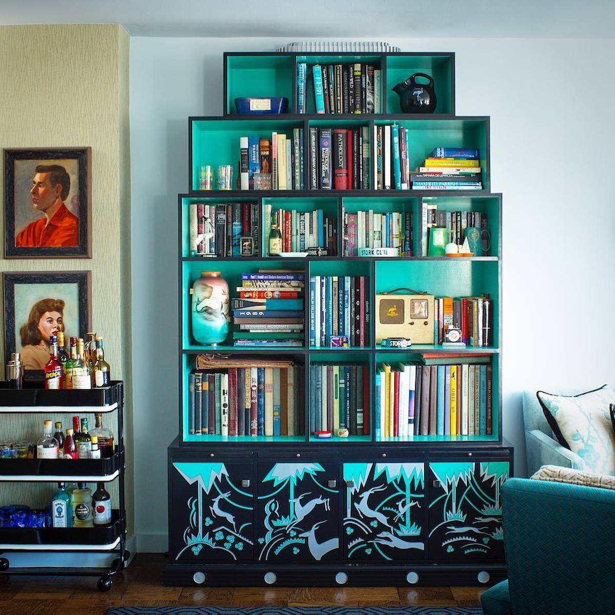 black and teal bookshelves