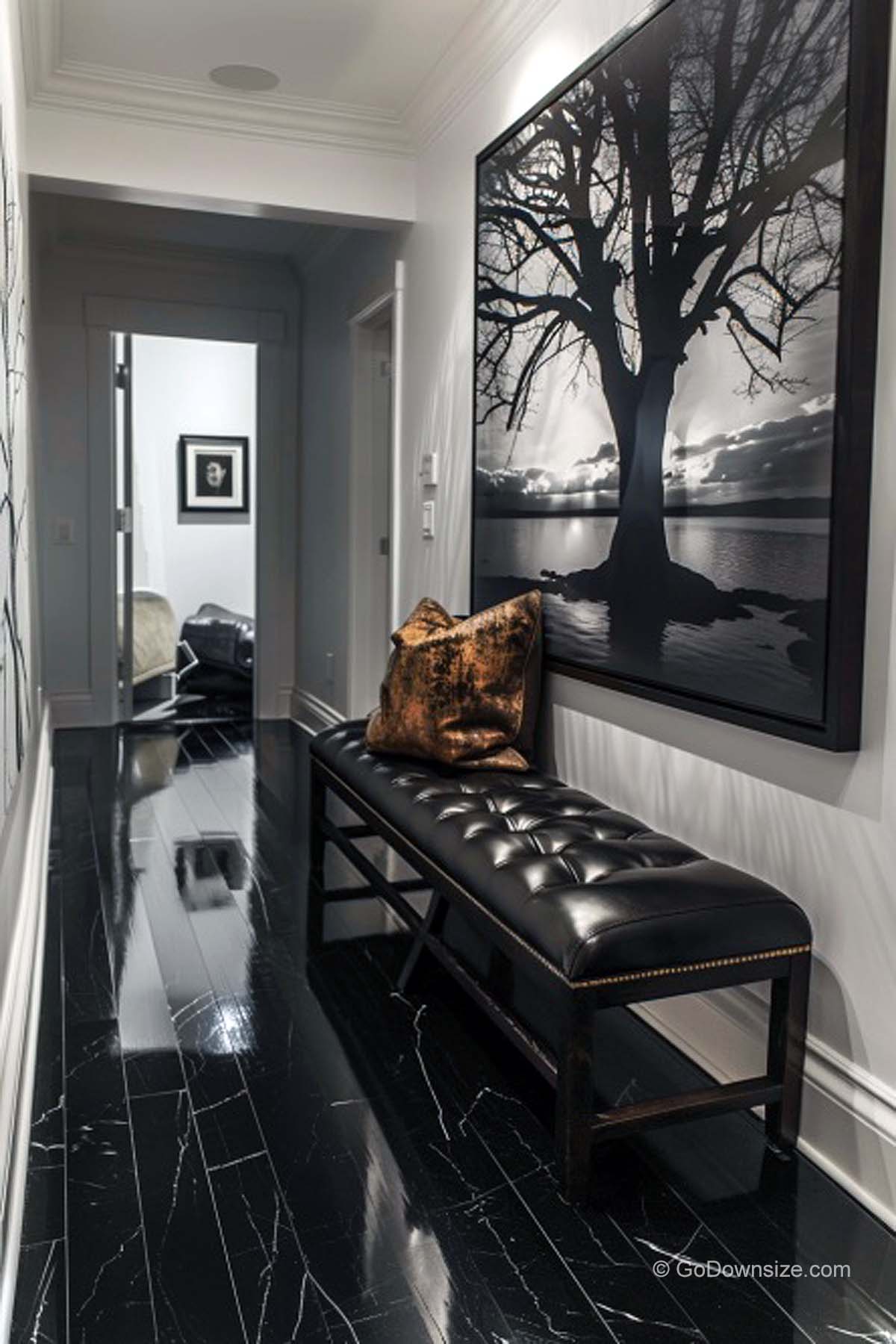 black and white hallway