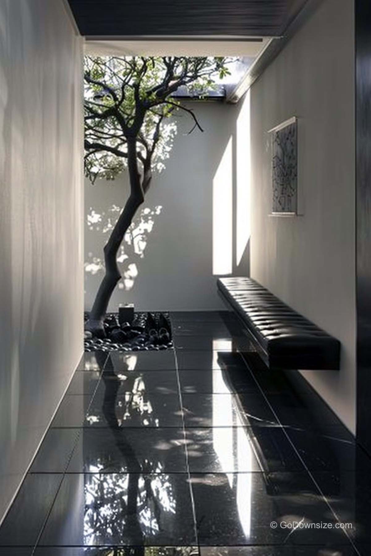 black floor tile and wall-mounted seating