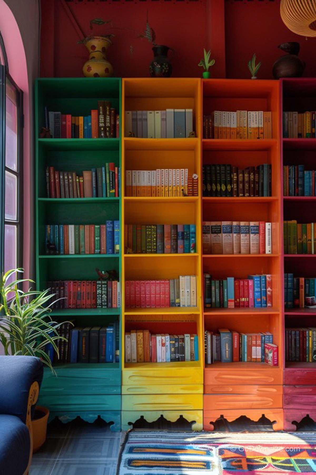 colorful tiered bookshelves