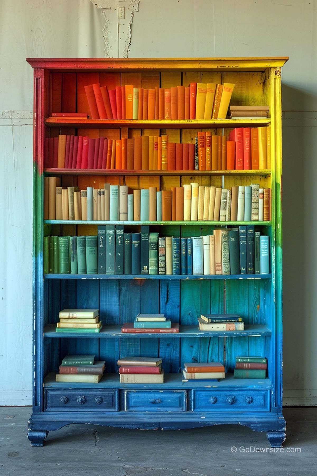 colorful upcycled bookshelves