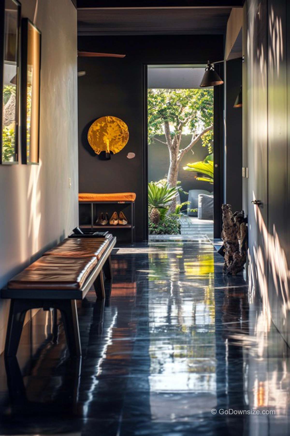 hallway with black floor