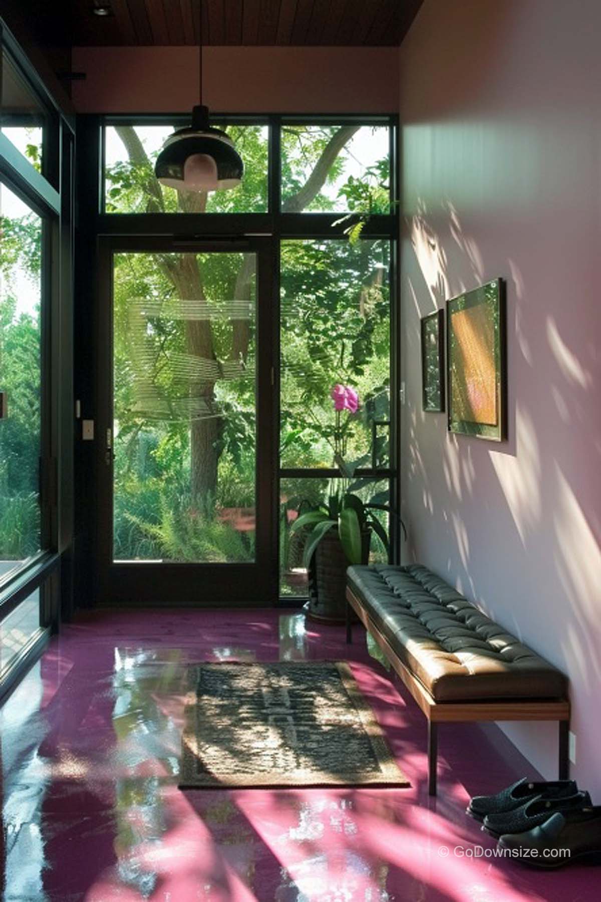 hallway with pink loor tiles
