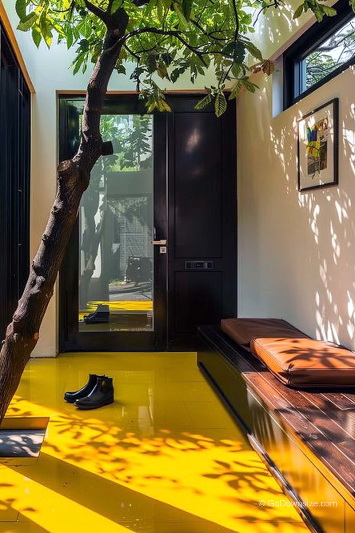 hallway with tree and yellow floor tile
