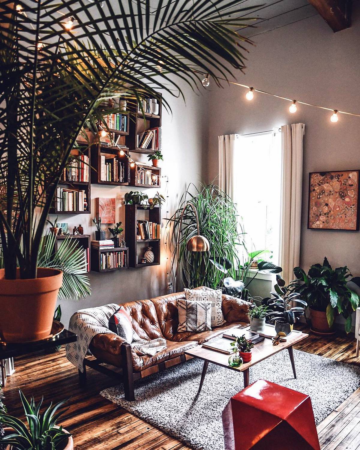 living room with wall cubbies and plants