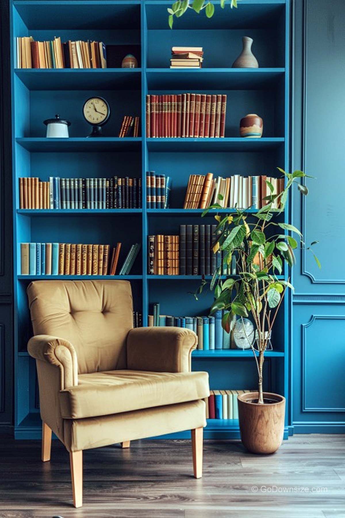 minimalist blue bookshelves