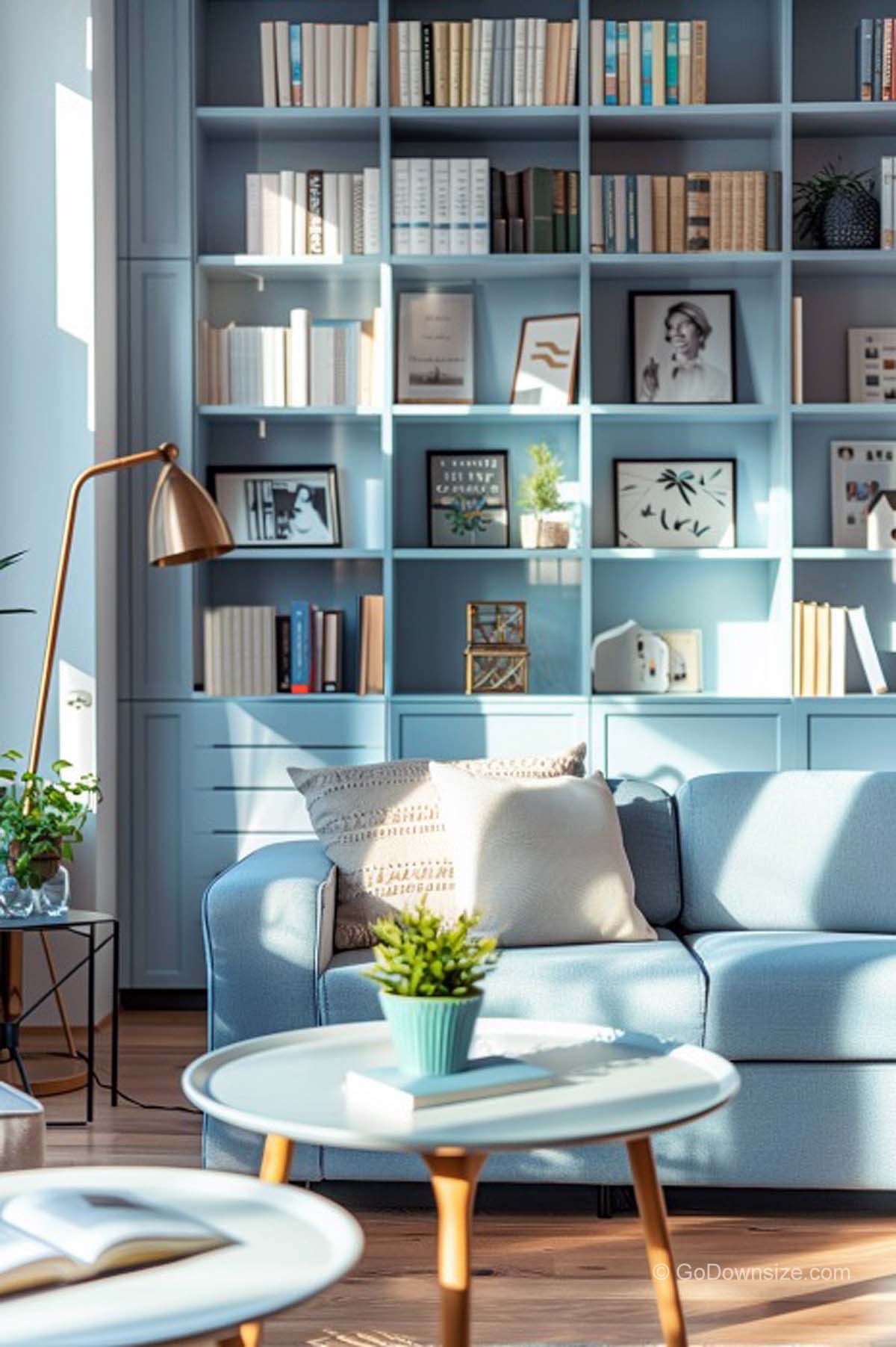 pale blue couch and bookshelves