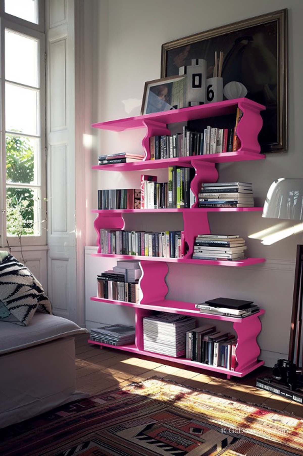 pink bookshelves