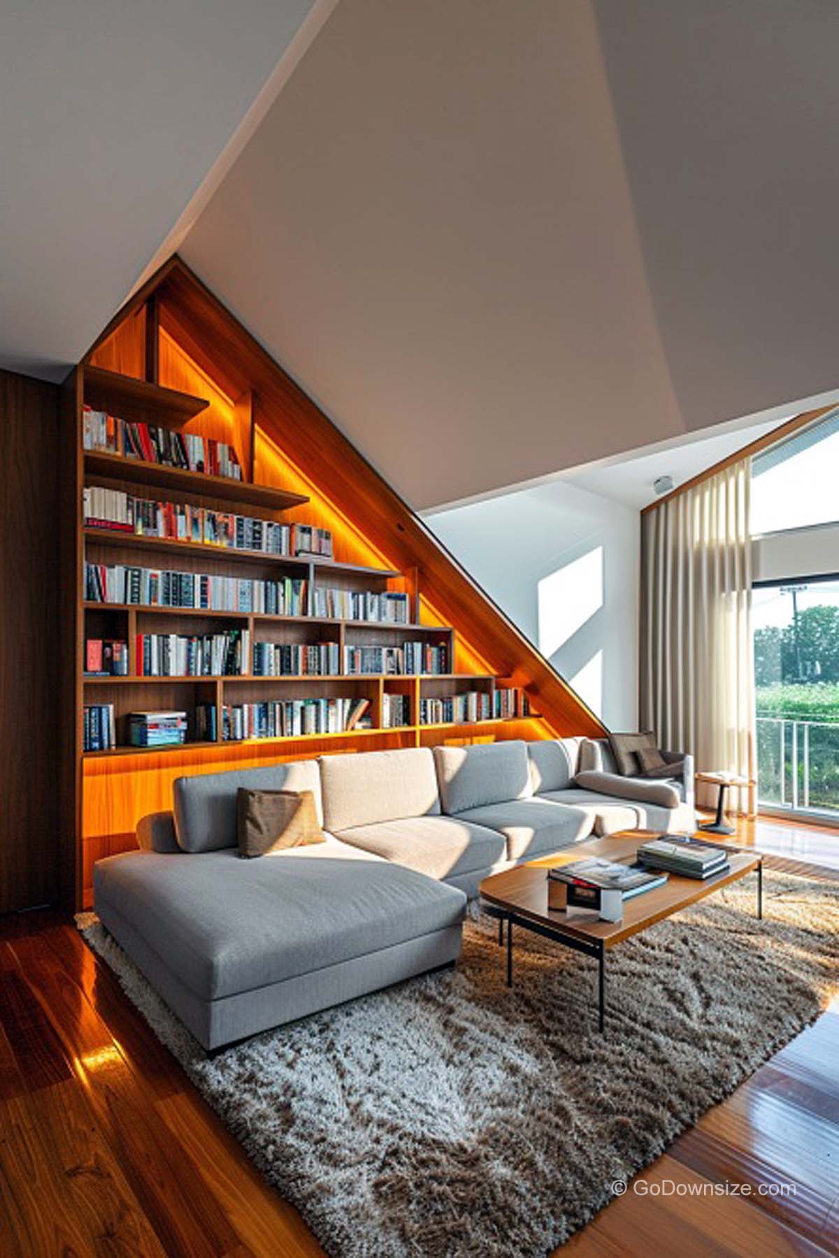 sloped bookshelves with LED lights