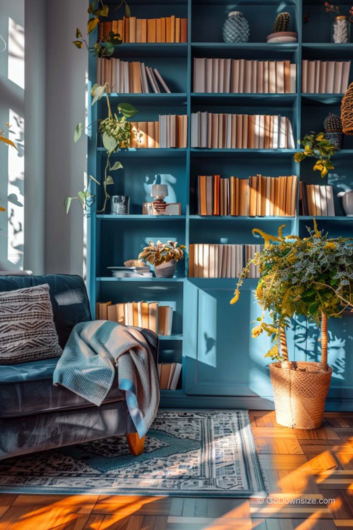 teal bookshelves