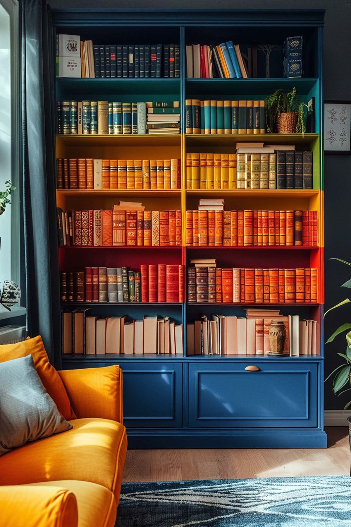 vertical bookcase with drawers underneath