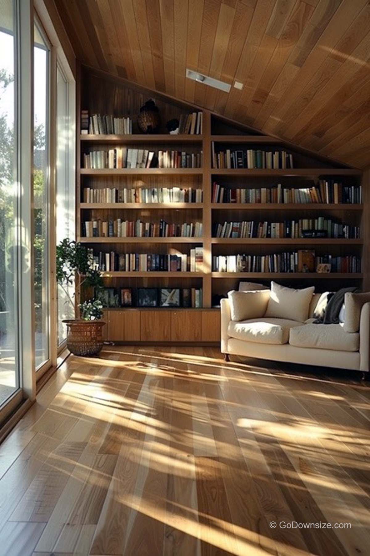 wooden bookshelves and ceiling