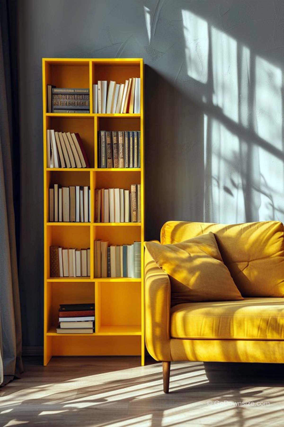 yellow bookcase and sofa