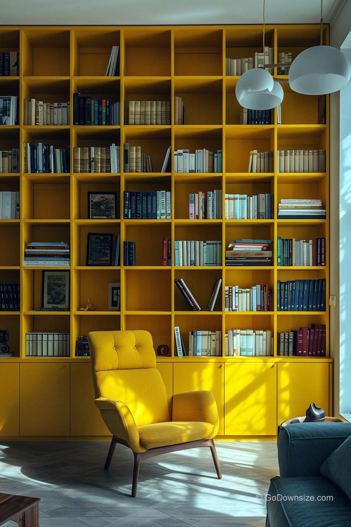 yellow floor to ceiling bookshelves