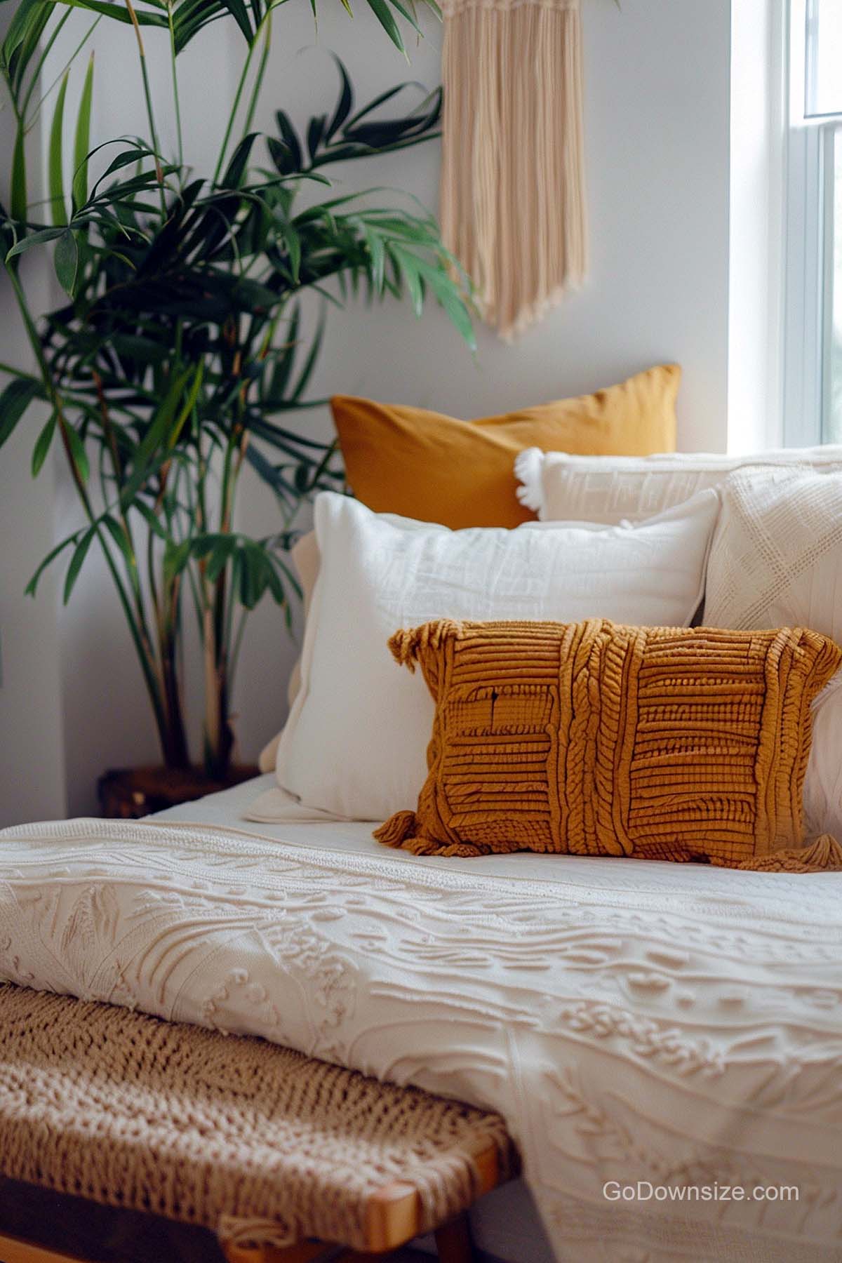 bed with white and orange pillows and palm tree