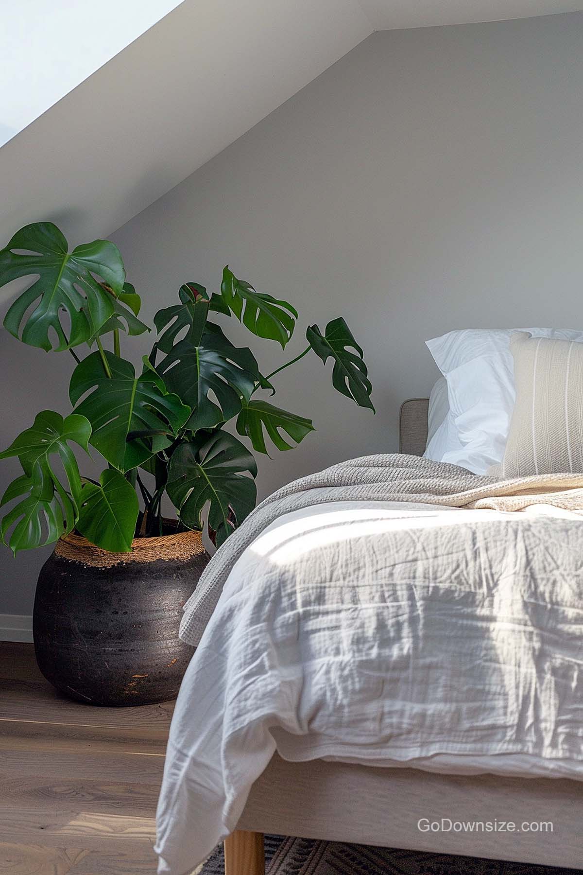 bedroom in a sloped ceiling with monstera plant