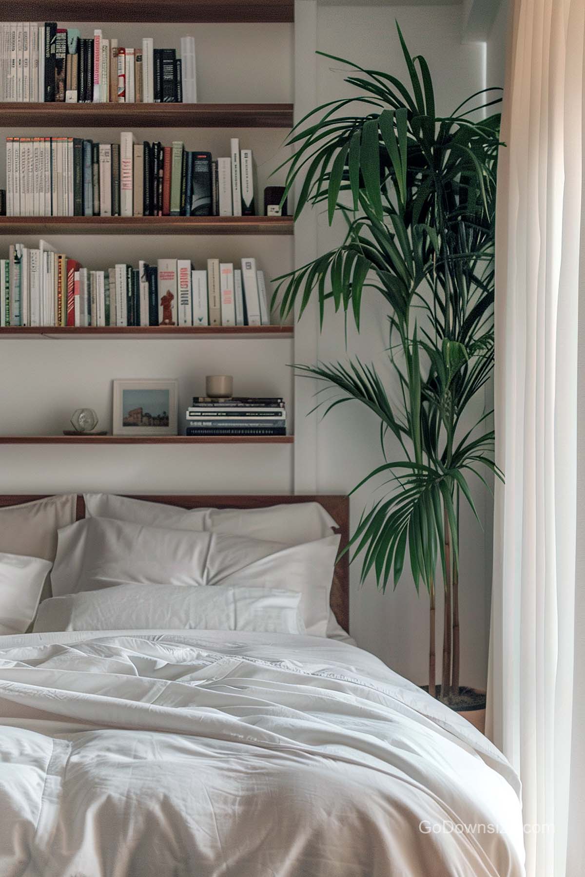 bedroom with foating bookshelves and palm tree