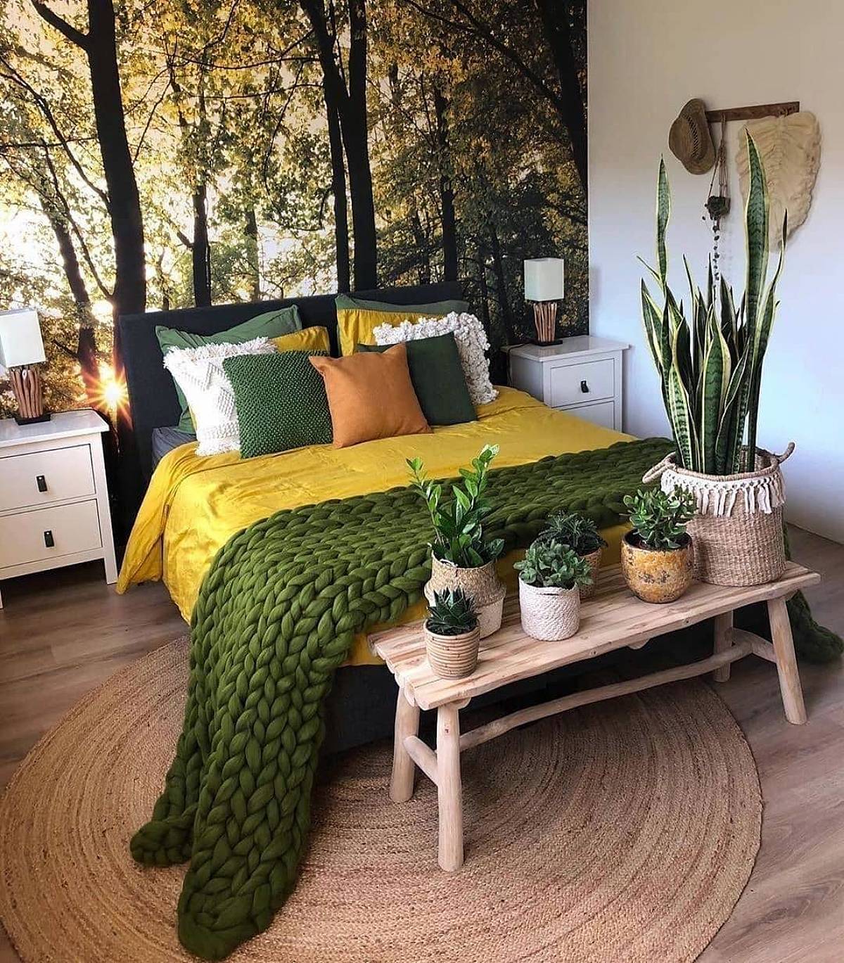 bedroom with plants and realistic forest wallpaper