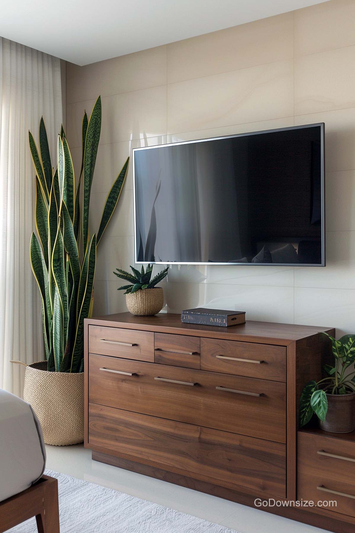 bedroom with plants beside TV setup