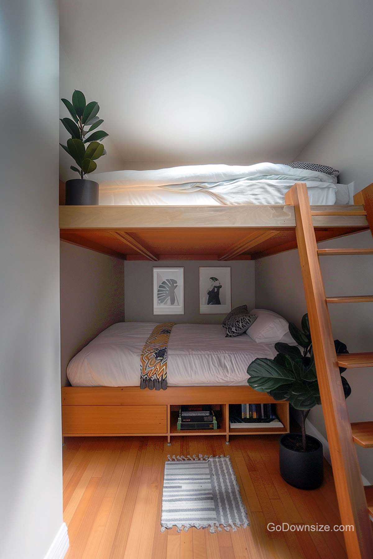 compact bunk bed with plants