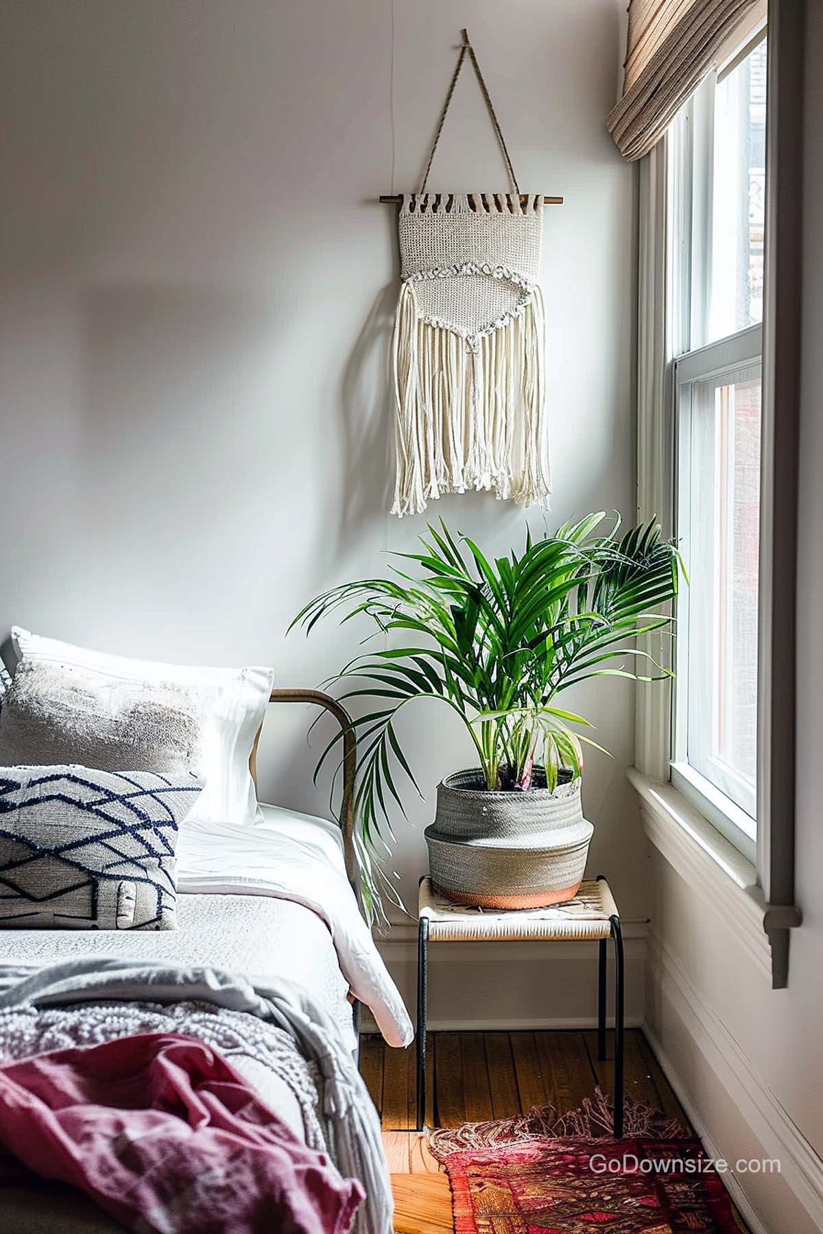 metal bedside table with palm plant