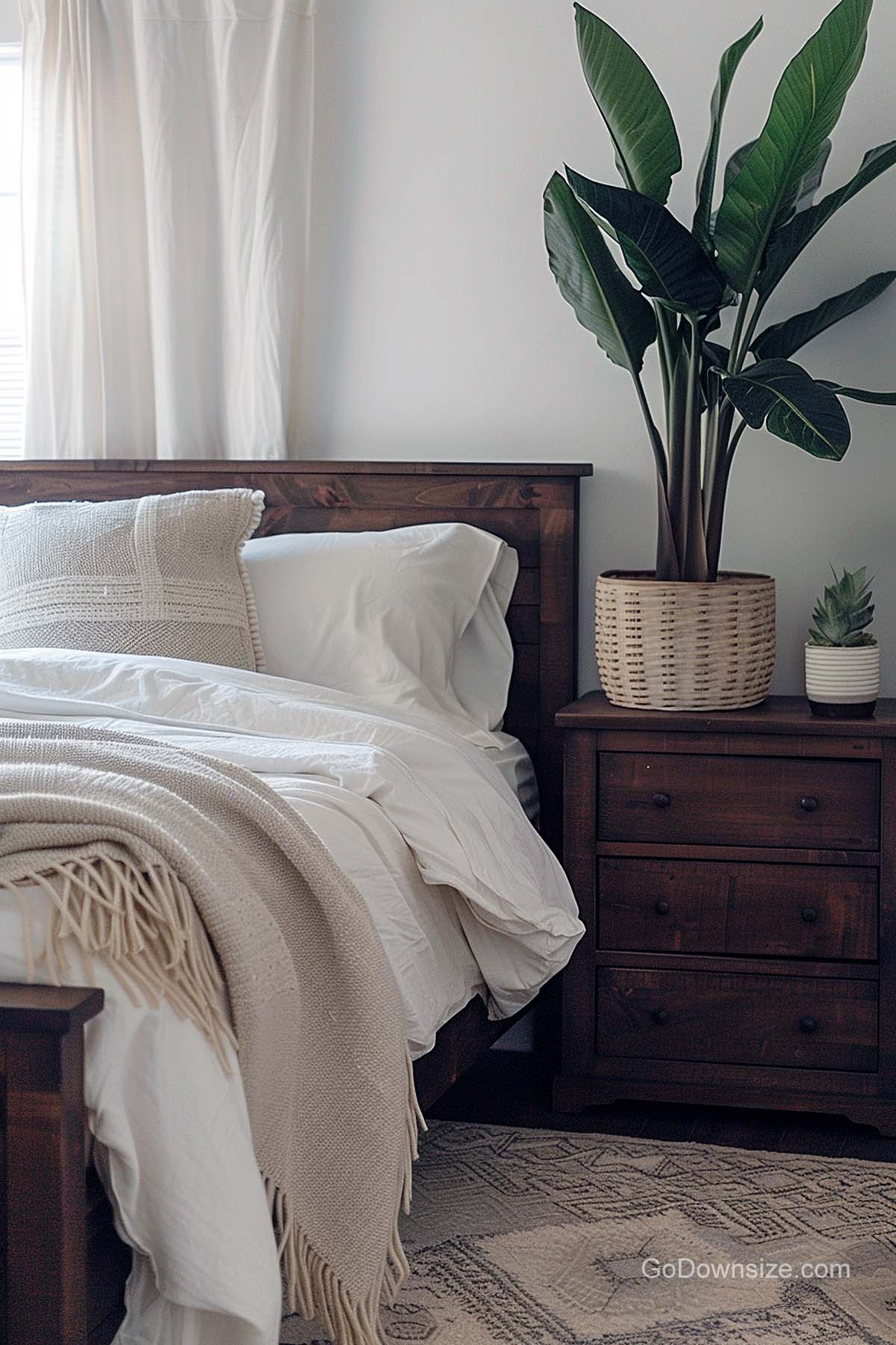 rustic bed and nightstand with plants