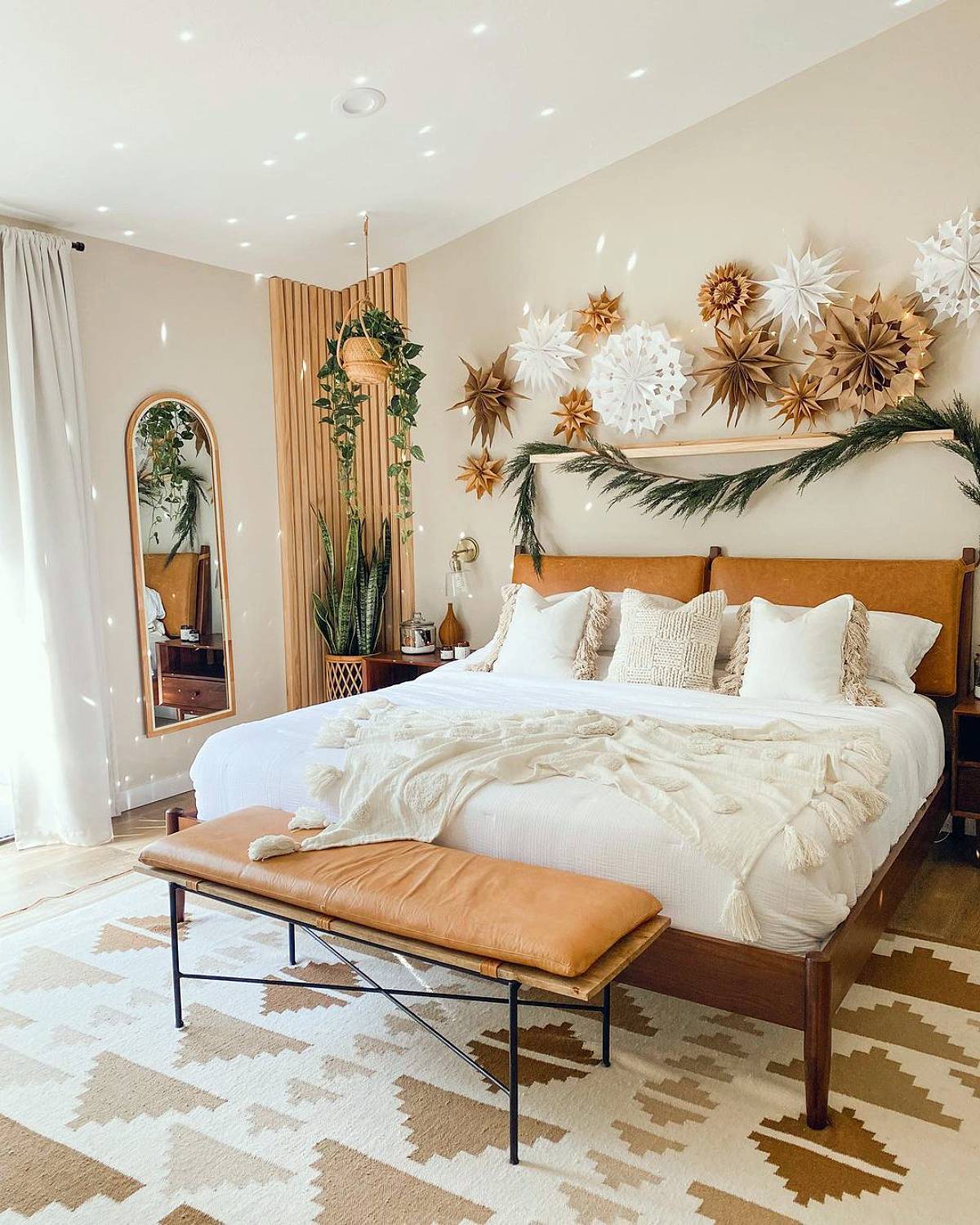 scandivanian bedroom with hanging plant