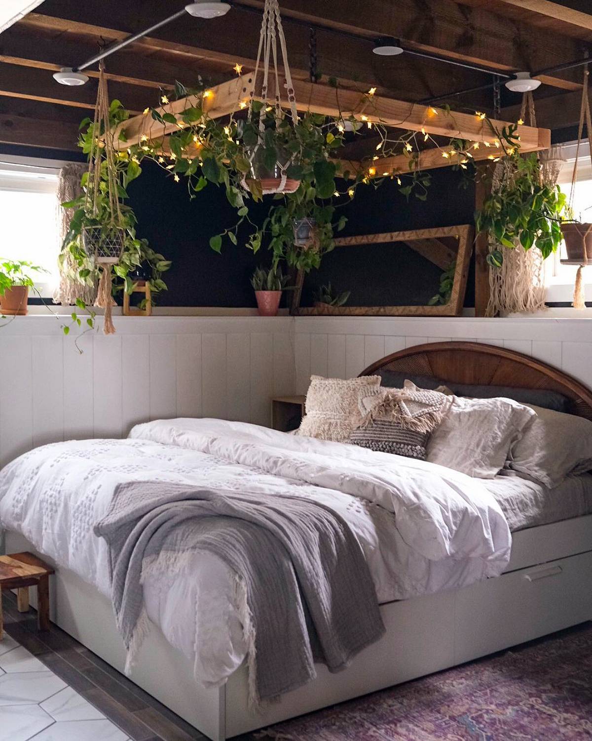 suspended wooden plant rack with lights