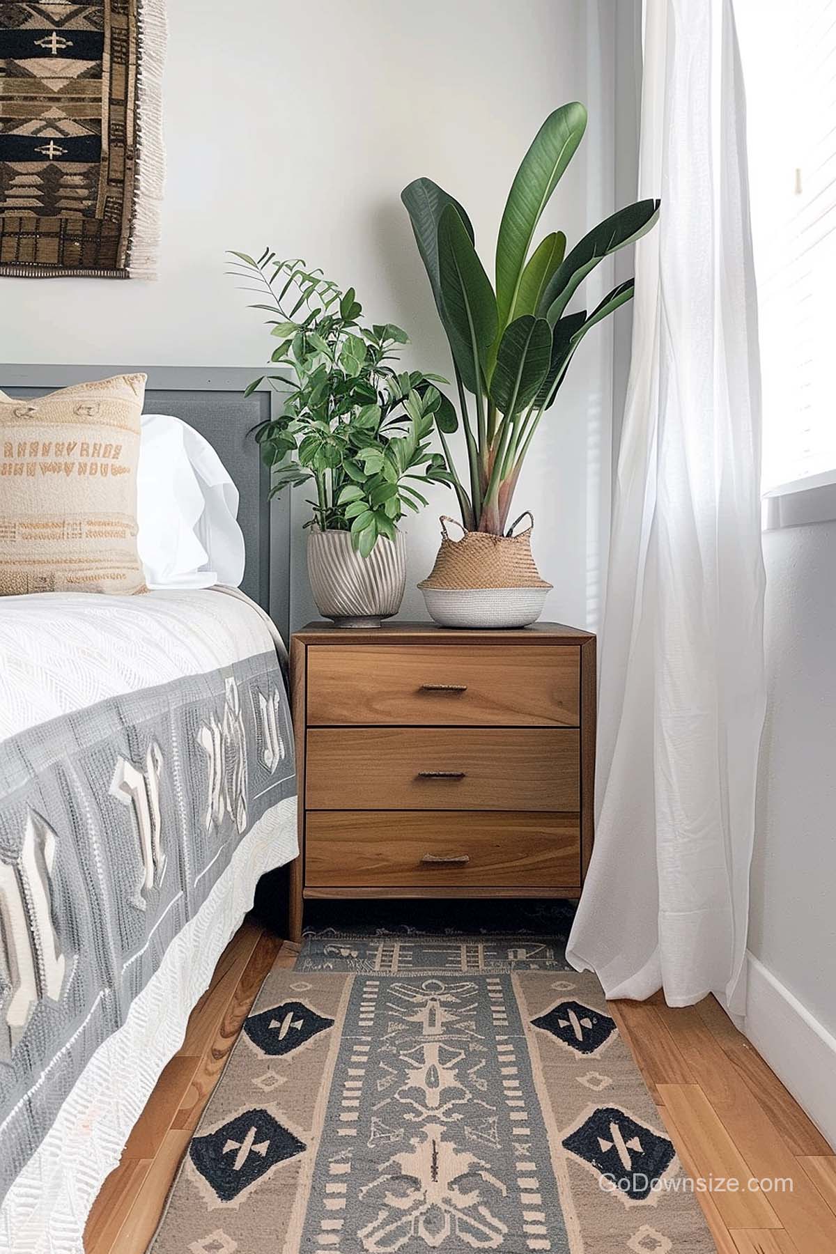 wooden bedside table with plants