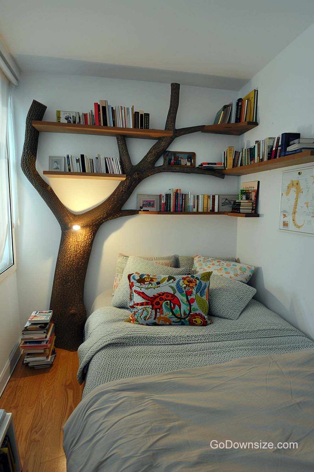 bedroom with tree bookshelves