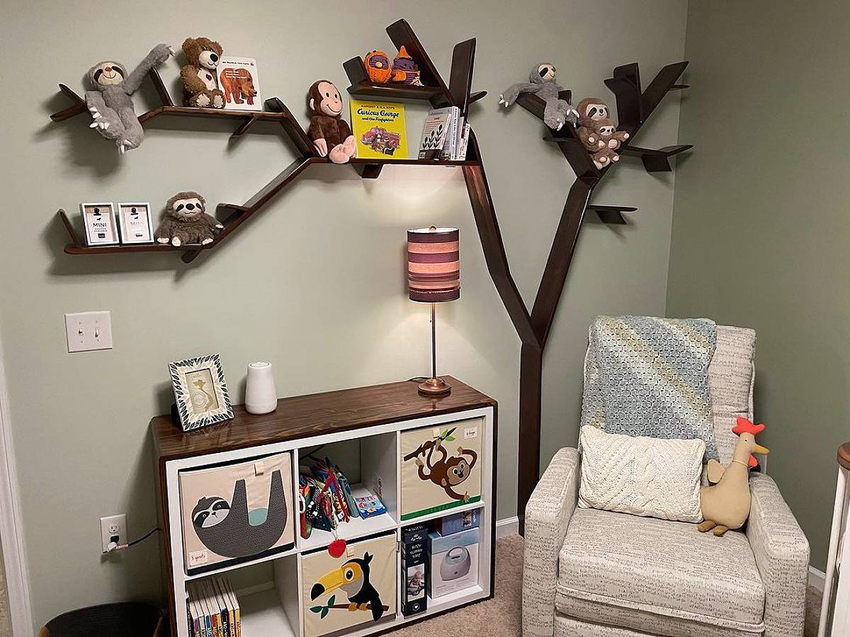 dark wooden shelves