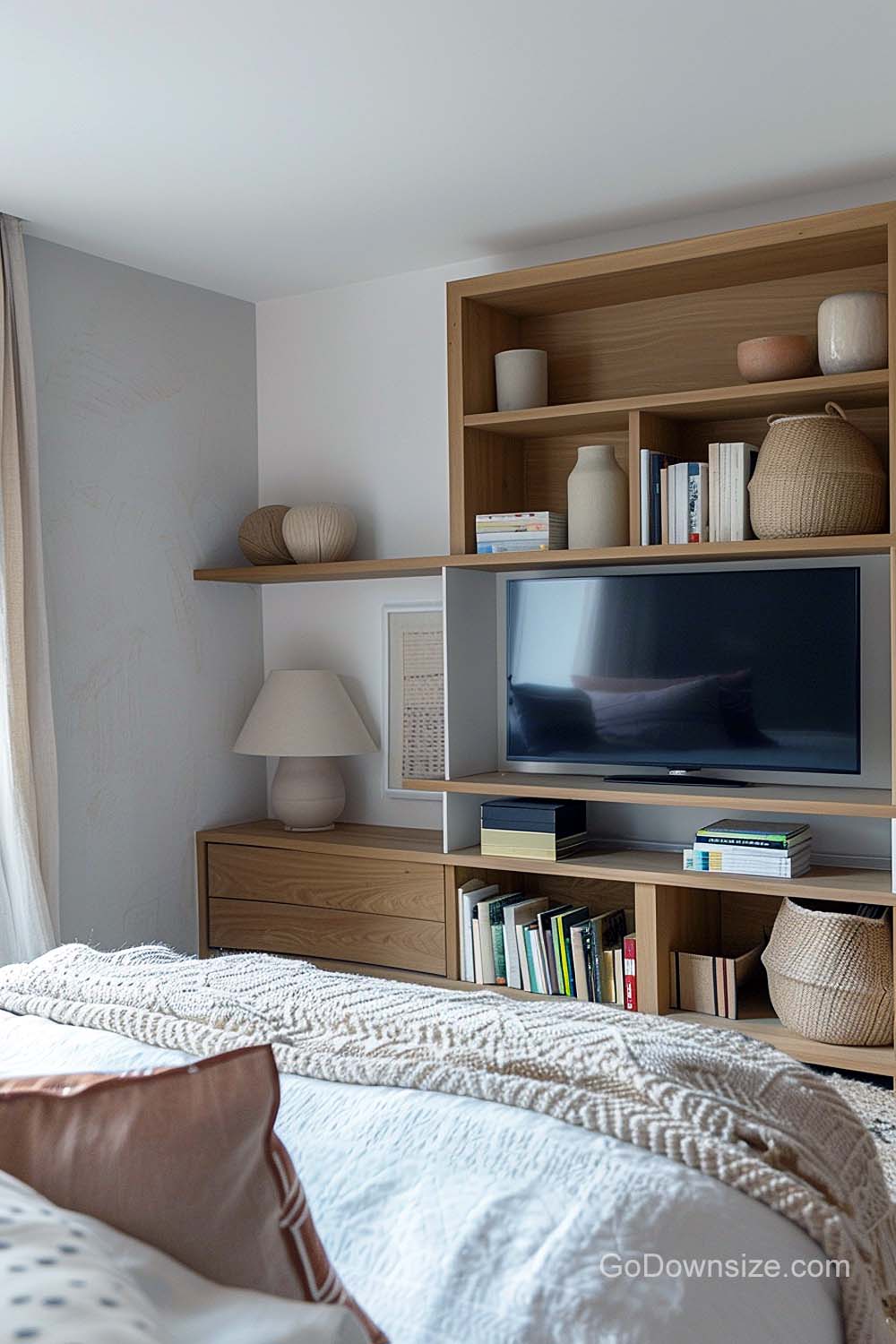 floor to ceiling TV setup with book storage