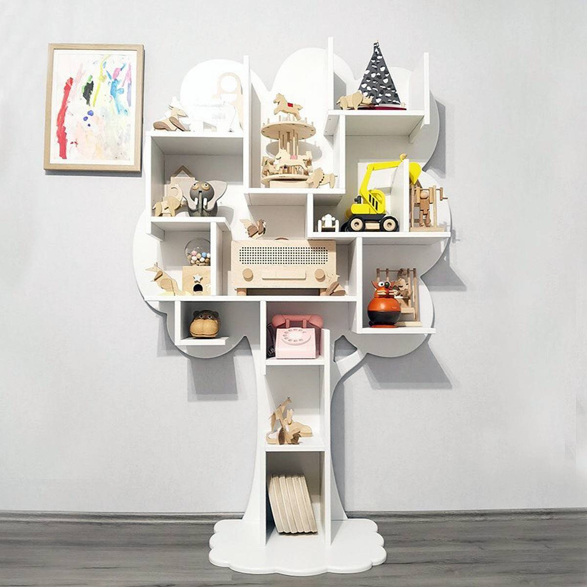 free-standing tree with cubby shelves