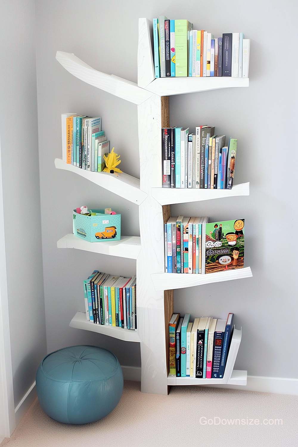 minimalist white bookshelves