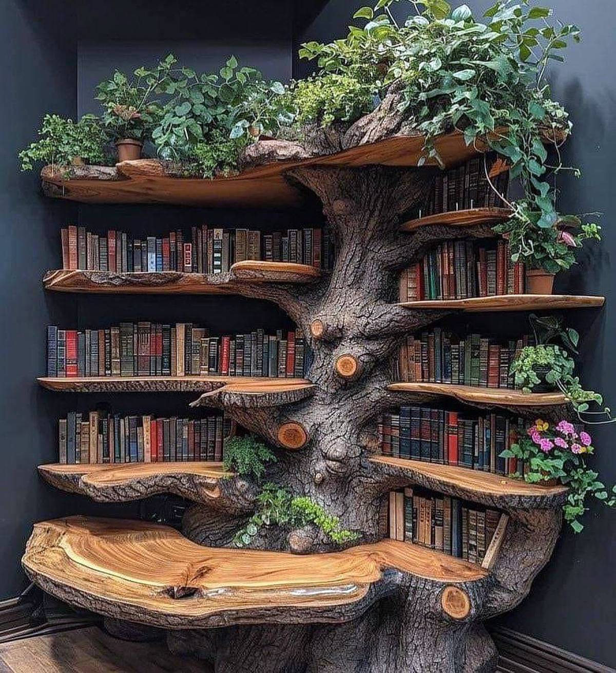realistic tree with carved seating and shelves