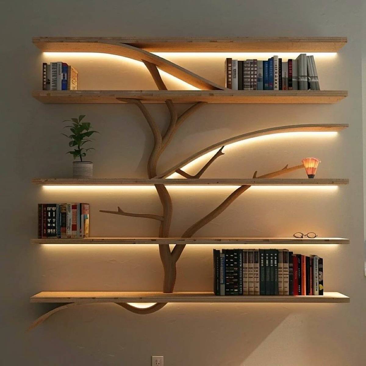 tree-inspired floating bookshelves with strip lights