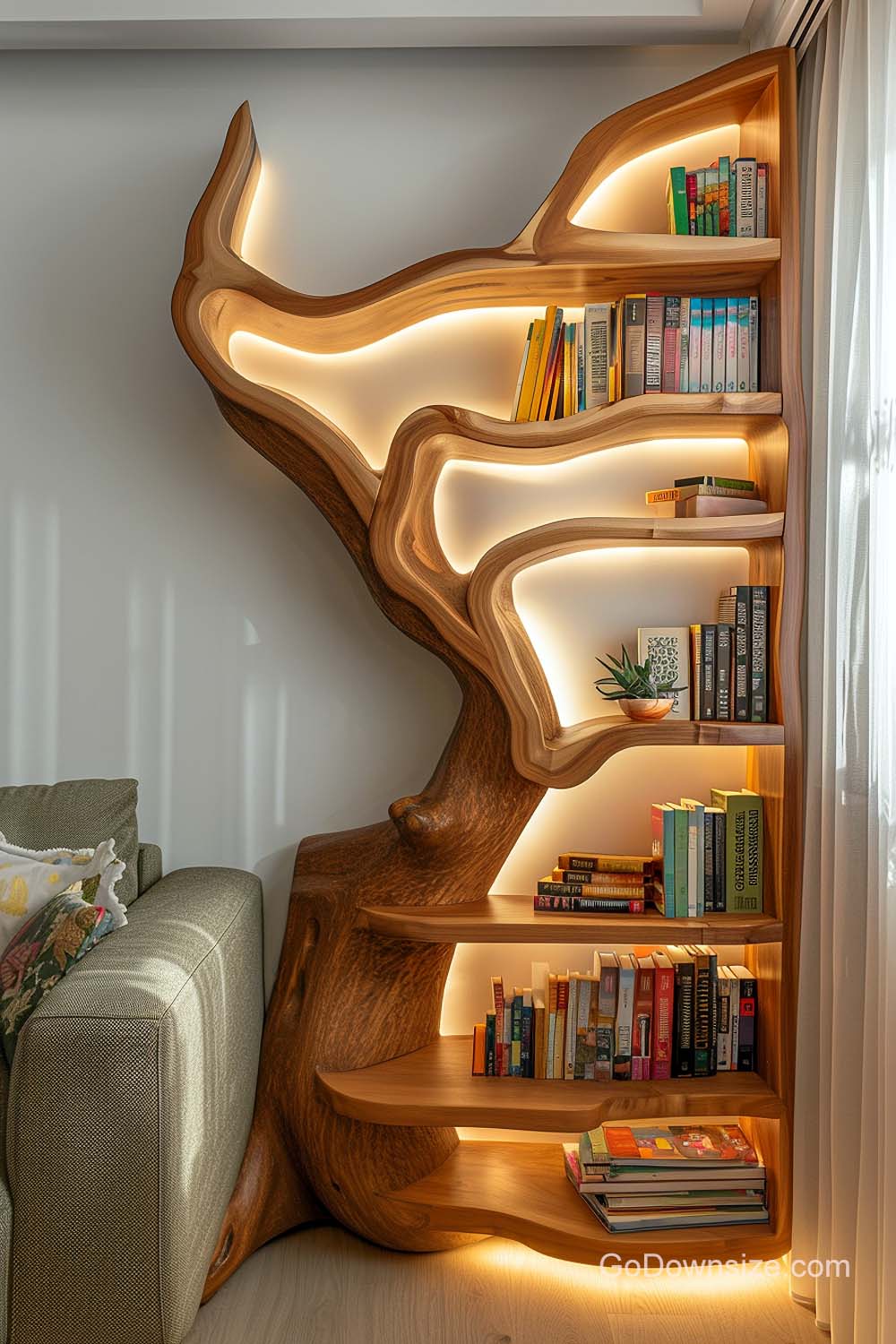 wooden corner shelves with lights