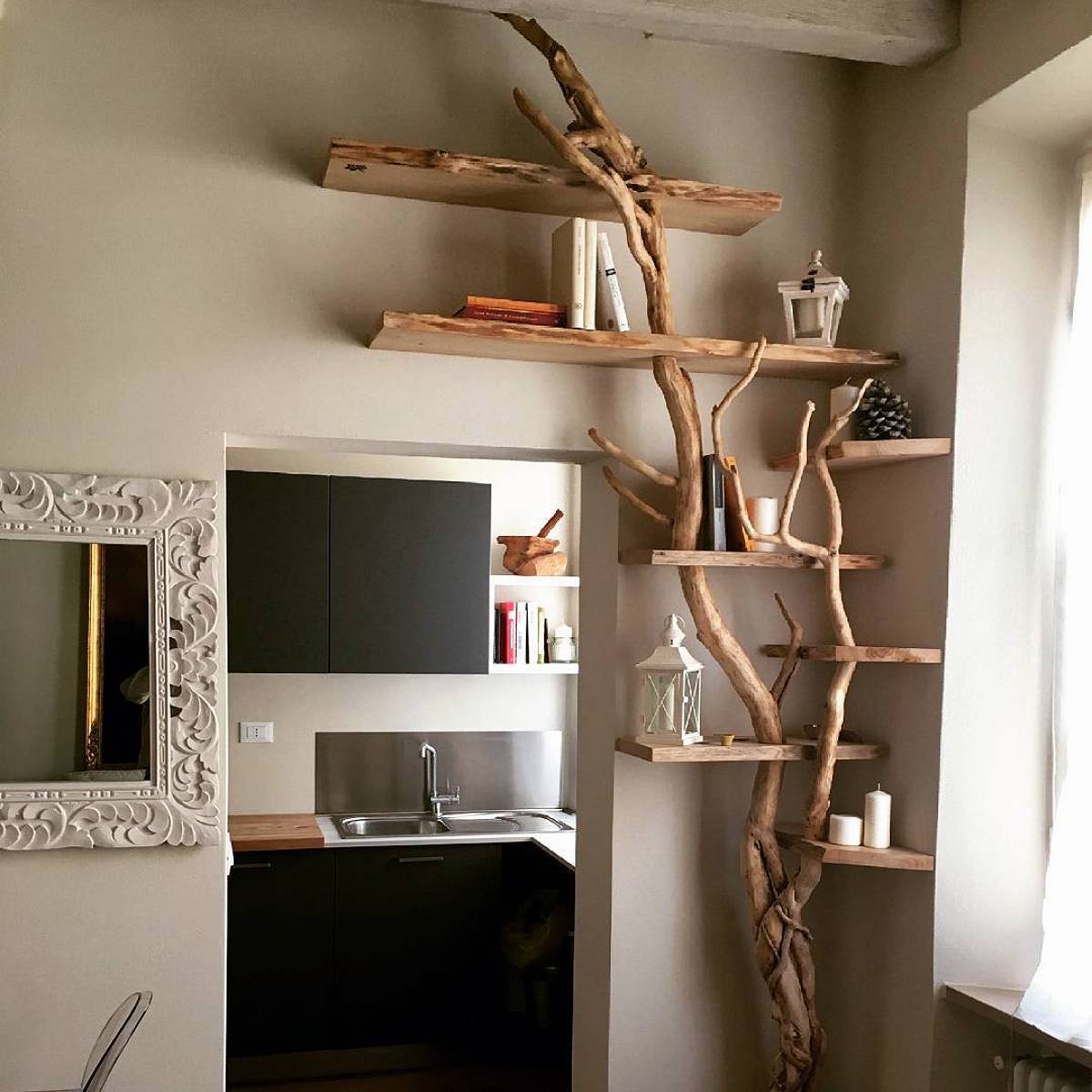 wooden tree shelves on corner